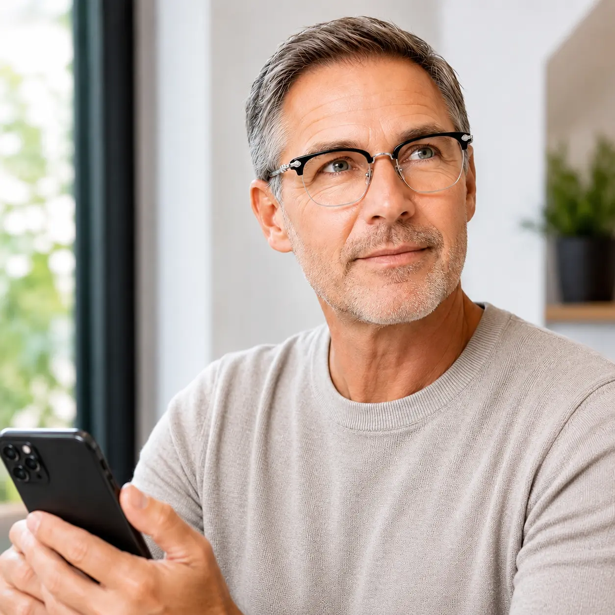 Customer reading a phone while wearing OptiReaders Pro