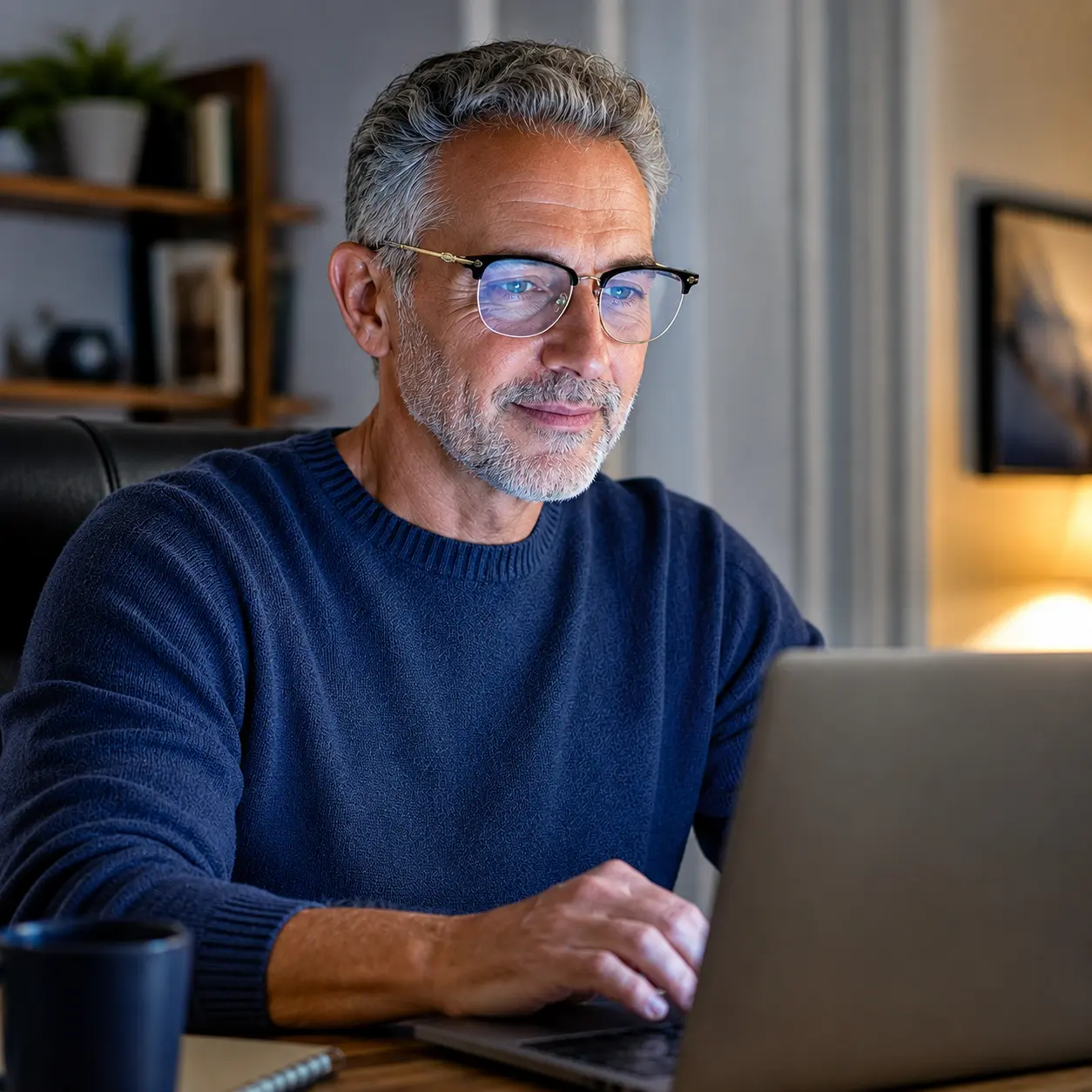 Man wearing OptiReaders Pro multifocal readers while working at a laptop